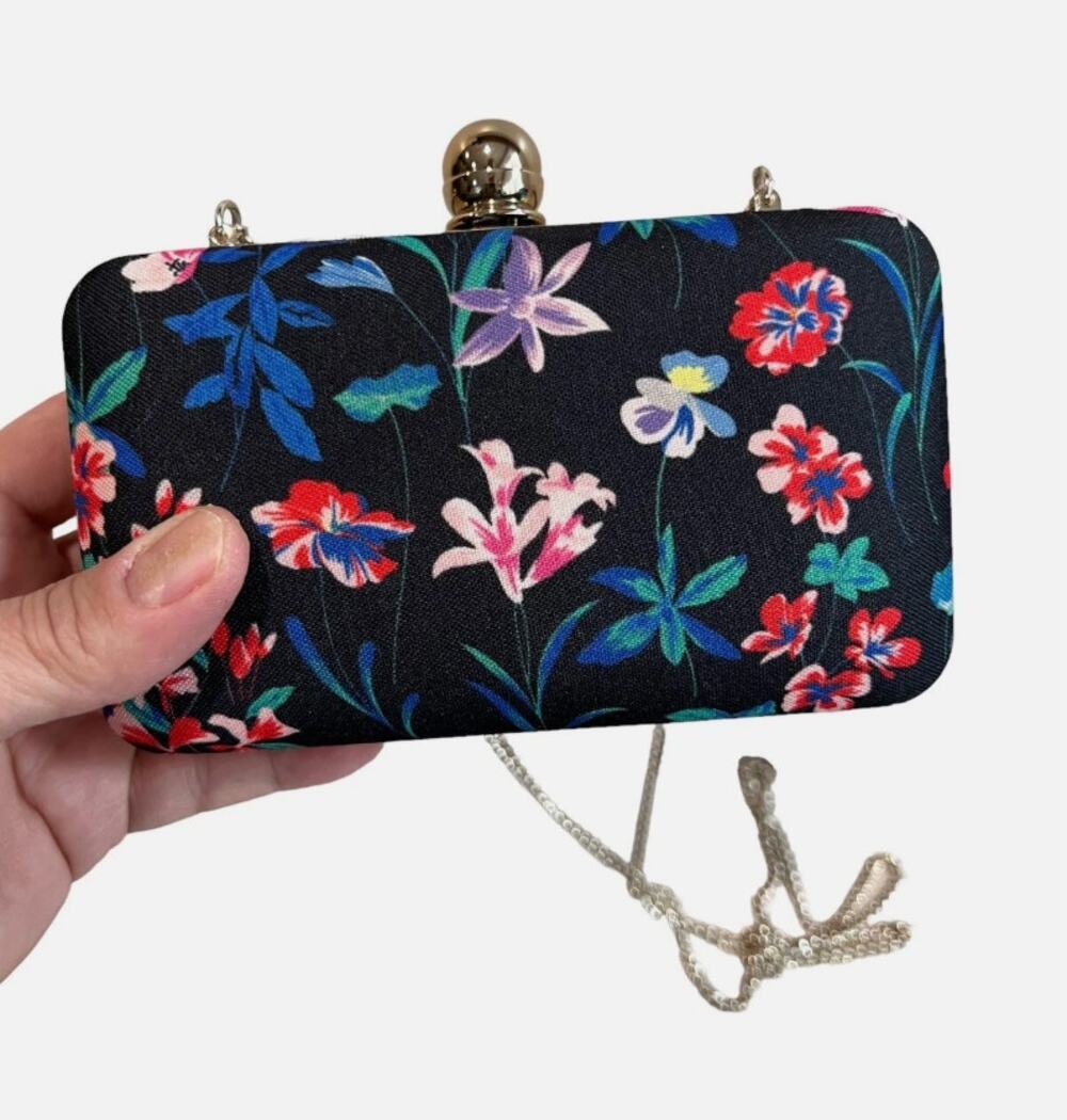 Talbots NWT Floral Hard Case Clutch Crossbody Purse Black Multi Chain Strap